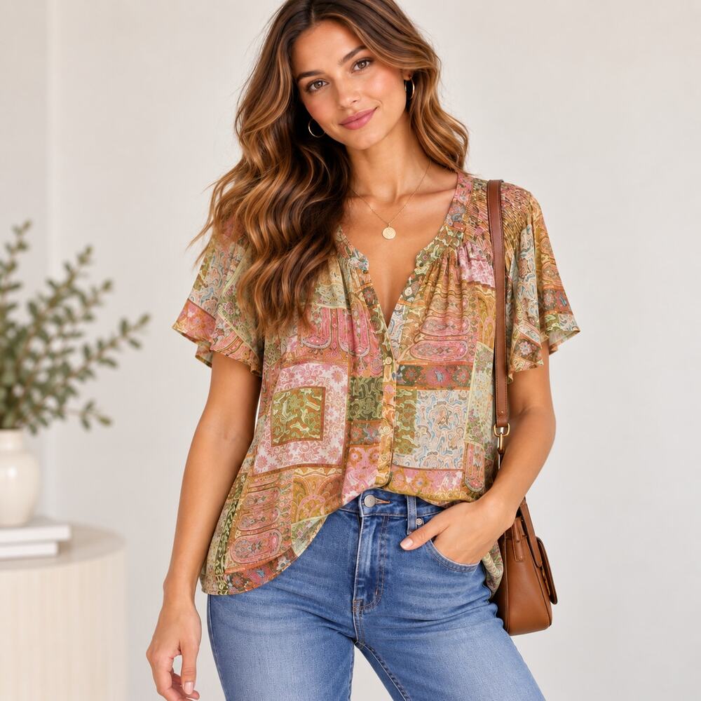 Rose & Olive Button-Up Paisley Patchwork Blouse Women's Sz 2X Boho Casual Earthy